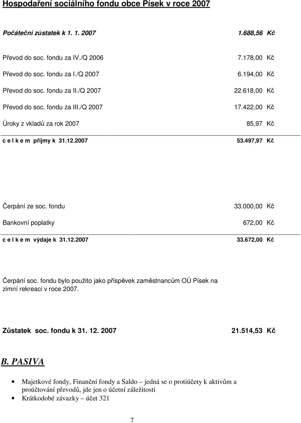 fondu Bankovní poplatky c e l k e m výdaje k 31.12.2007 33.000,00 Kč 672,00 Kč 33.672,00 Kč Čerpání soc. fondu bylo použito jako příspěvek zaměstnancům OÚ Písek na zimní rekreaci v roce 2007.