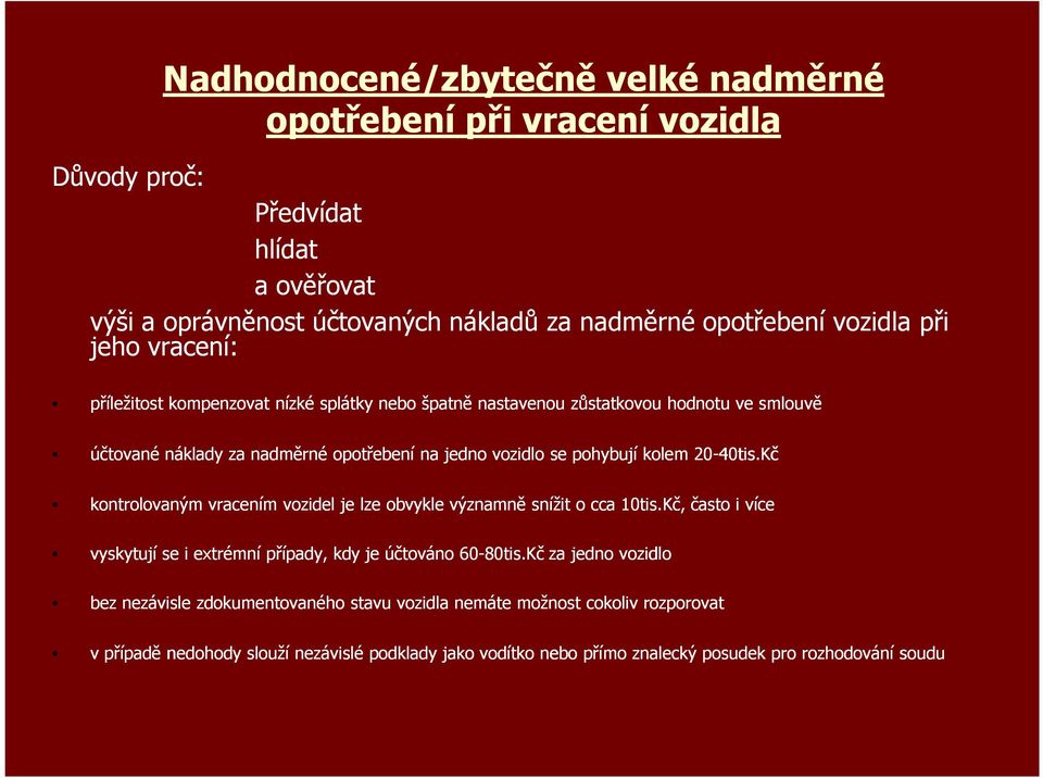 20-40tis.Kč kontrolovaným vracením vozidel je lze obvykle významně snížit o cca 10tis.Kč, často i více vyskytují se i extrémní případy, kdy je účtováno 60-80tis.