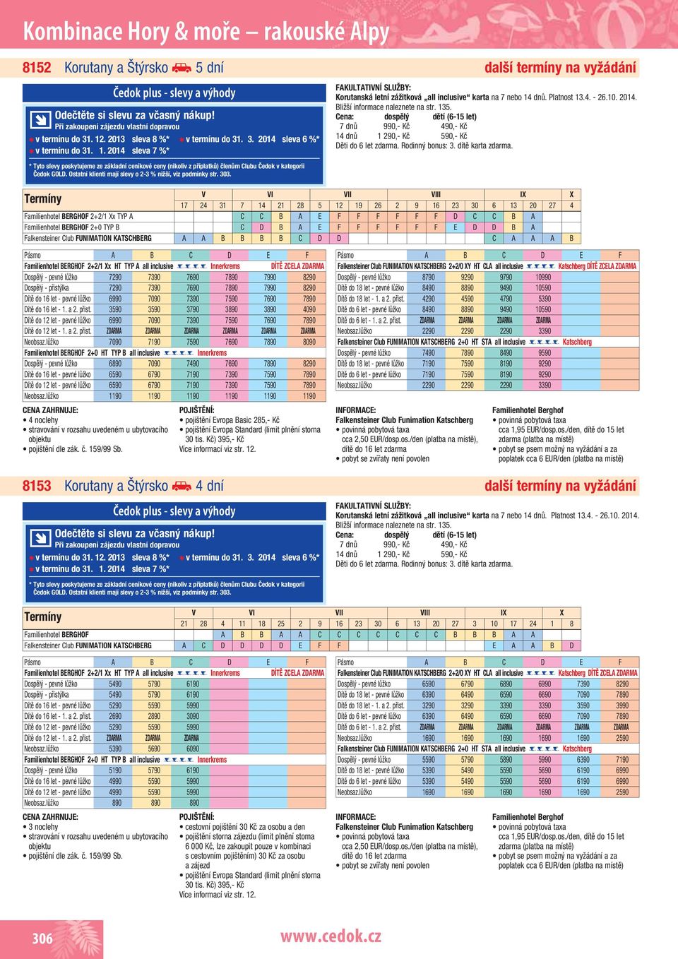 Ostatní klienti mají slevy o 2-3 % nižší, viz podmínky str. 303. FAKULTATIVNÍ SLUŽBY: Korutanská letní zážitková all inclusive karta na 7 nebo 14 dnů. Platnost 13.4. - 26.10. 2014.