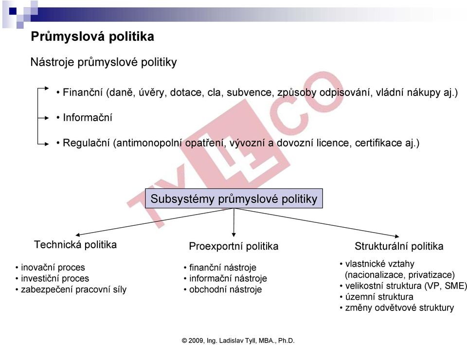) Subsystémy průmyslové politiky Technická politika Proexportní politika Strukturální politika inovační proces investiční proces