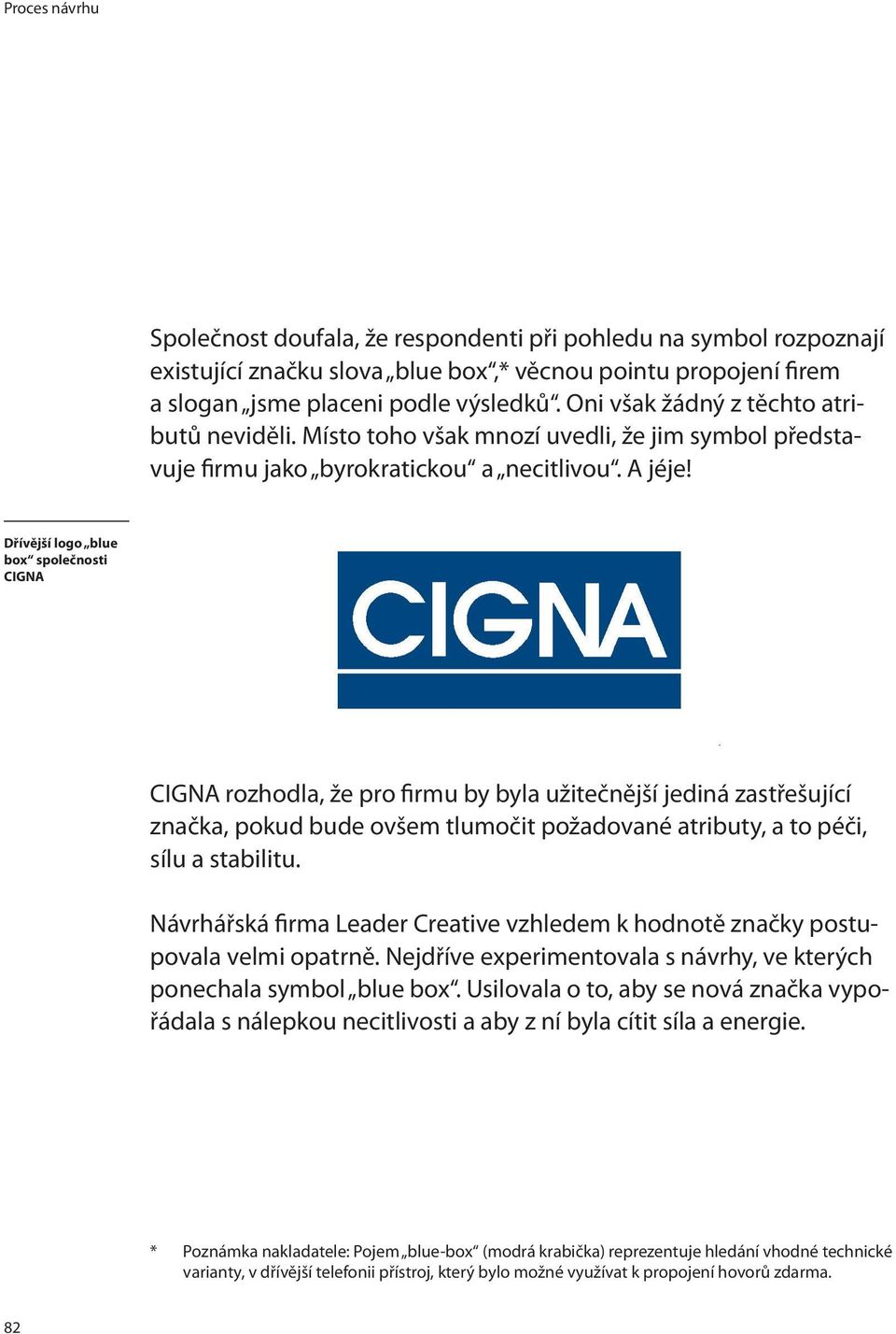 Dřívější logo blue box společnosti CIGNA CIGNA rozhodla, že pro firmu by byla užitečnější jediná zastřešující značka, pokud bude ovšem tlumočit požadované atributy, a to péči, sílu a stabilitu.