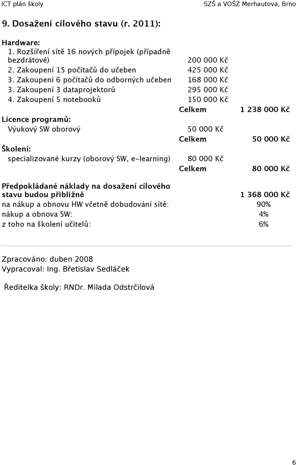 Zakoupení 5 notebooků 150 000 Kč Celkem Licence programů: Výukový SW oborový 50 000 Kč Celkem Školení: specializované kurzy (oborový SW, e-learning) 80 000 Kč Celkem 1 238 000 Kč 50 000