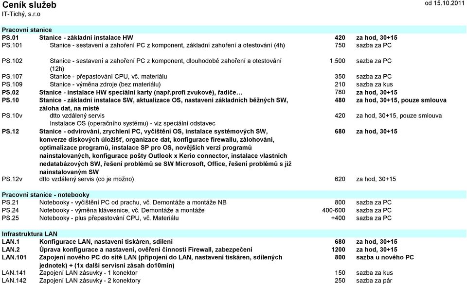 500 sazba za PC (12h) PS.107 Stanice - přepastování CPU, vč. materiálu 350 sazba za PC PS.109 Stanice - výměna zdroje (bez materiálu) 210 sazba za kus PS.