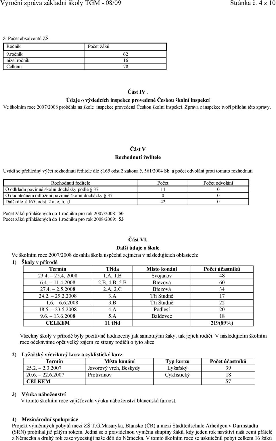 Část V Rozhodnutí ředitele Uvádí se přehledný výčet rozhodnutí ředitele dle 165 odst.2 zákona č. 561/2004 Sb.