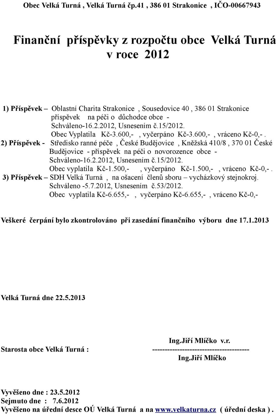 obce - Schváleno-16.2.2012, Usnesením č.15/2012. Obec Vyplatila Kč-3.600,-, vyčerpáno Kč-3.600,-, vráceno Kč-0,-.