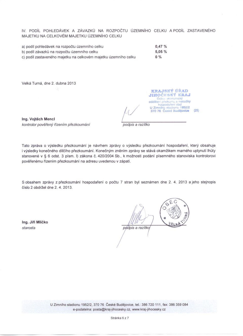 Vojtěch Mencl kontrolor pověřený řízením přezkoumání podpis a razítko Tato zpráva o výsledku přezkoumání je návrhem zprávy o výsledku přezkoumání hospodaření, který obsahuje i výsledky konečného