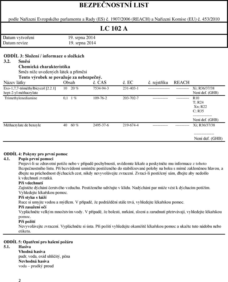 (GHB) Trimethylenediamine 0,1 1 % 109-76-2 203-702-7 ------------ ---------- R10 T; R24 Xn; R22 C; R35 --------------- Není def.