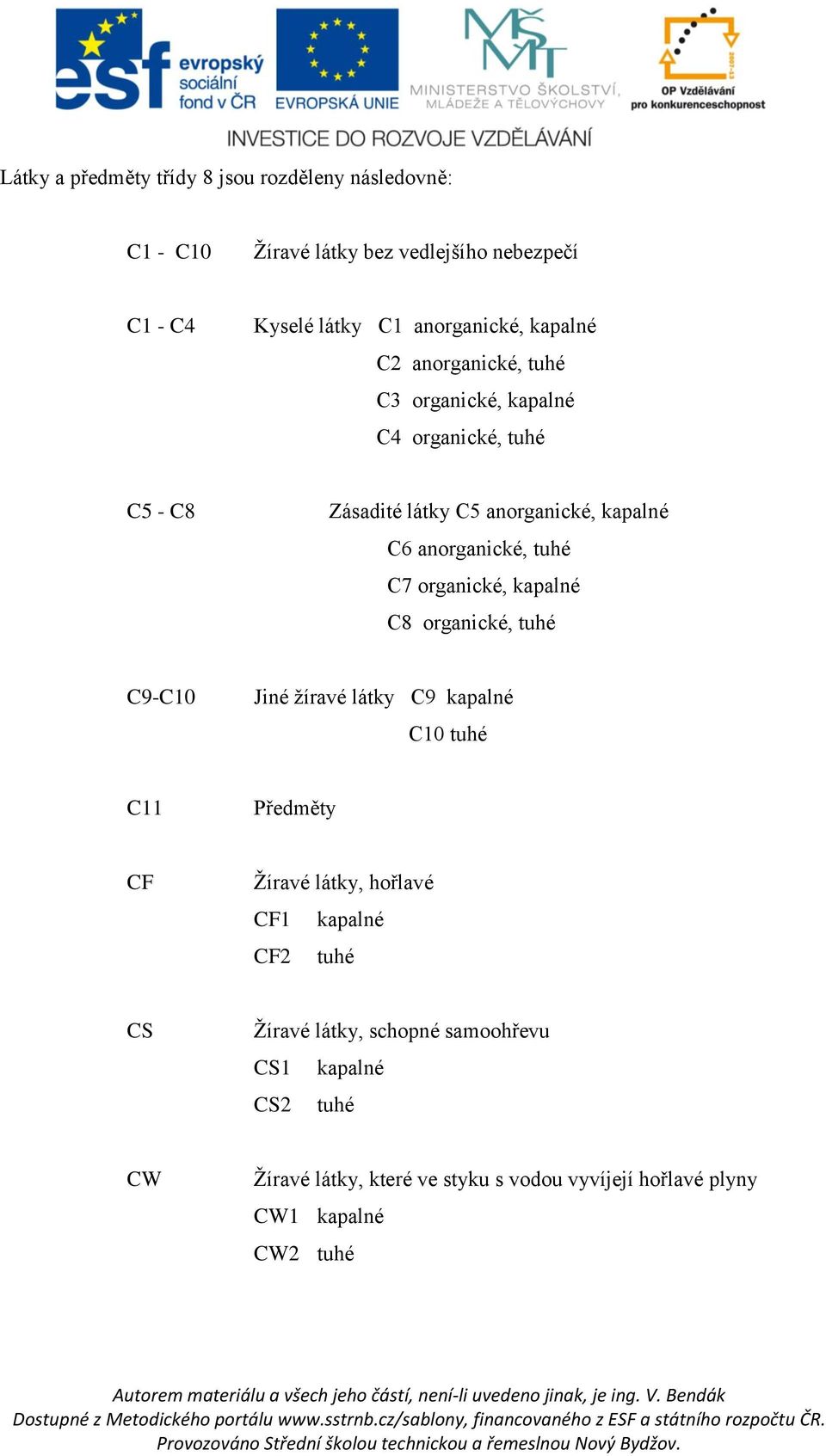 C7 organické, kapalné C8 organické, tuhé C9-C10 Jiné žíravé látky C9 kapalné C10 tuhé C11 Předměty CF Žíravé látky, hořlavé CF1 kapalné CF2