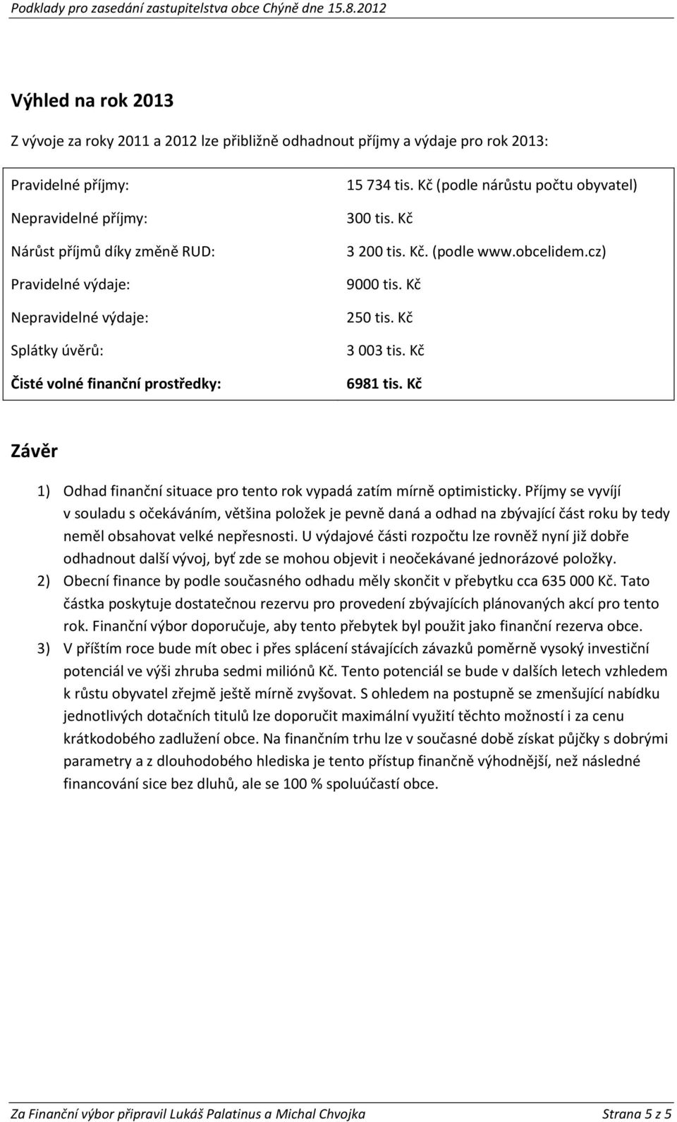 Kč 6981 tis. Kč Závěr 1) Odhad finanční situace pro tento rok vypadá zatím mírně optimisticky.