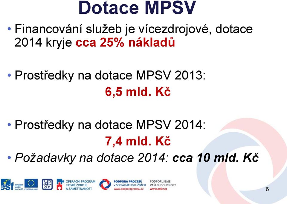 dotace MPSV 2013: 6,5 mld.