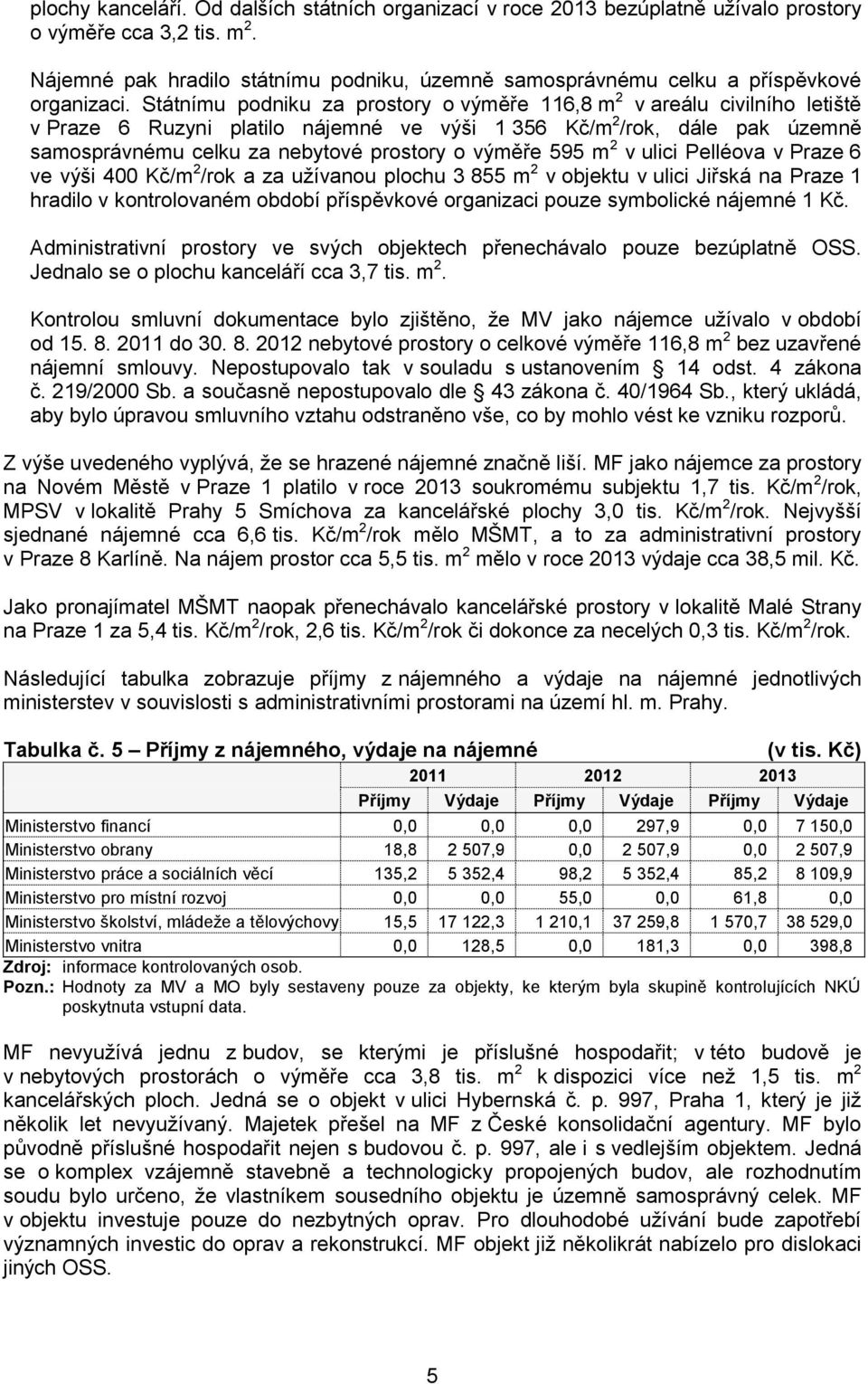 Státnímu podniku za prostory o výměře 116,8 m 2 v areálu civilního letiště v Praze 6 Ruzyni platilo nájemné ve výši 1 356 Kč/m 2 /rok, dále pak územně samosprávnému celku za nebytové prostory o