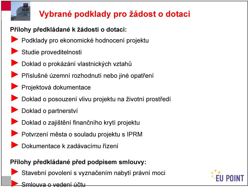 prostředí Doklad o partnerství Doklad o zajištění finančního krytí projektu Potvrzení města o souladu projektu s IPRM Dokumentace k zadávacímu řízení