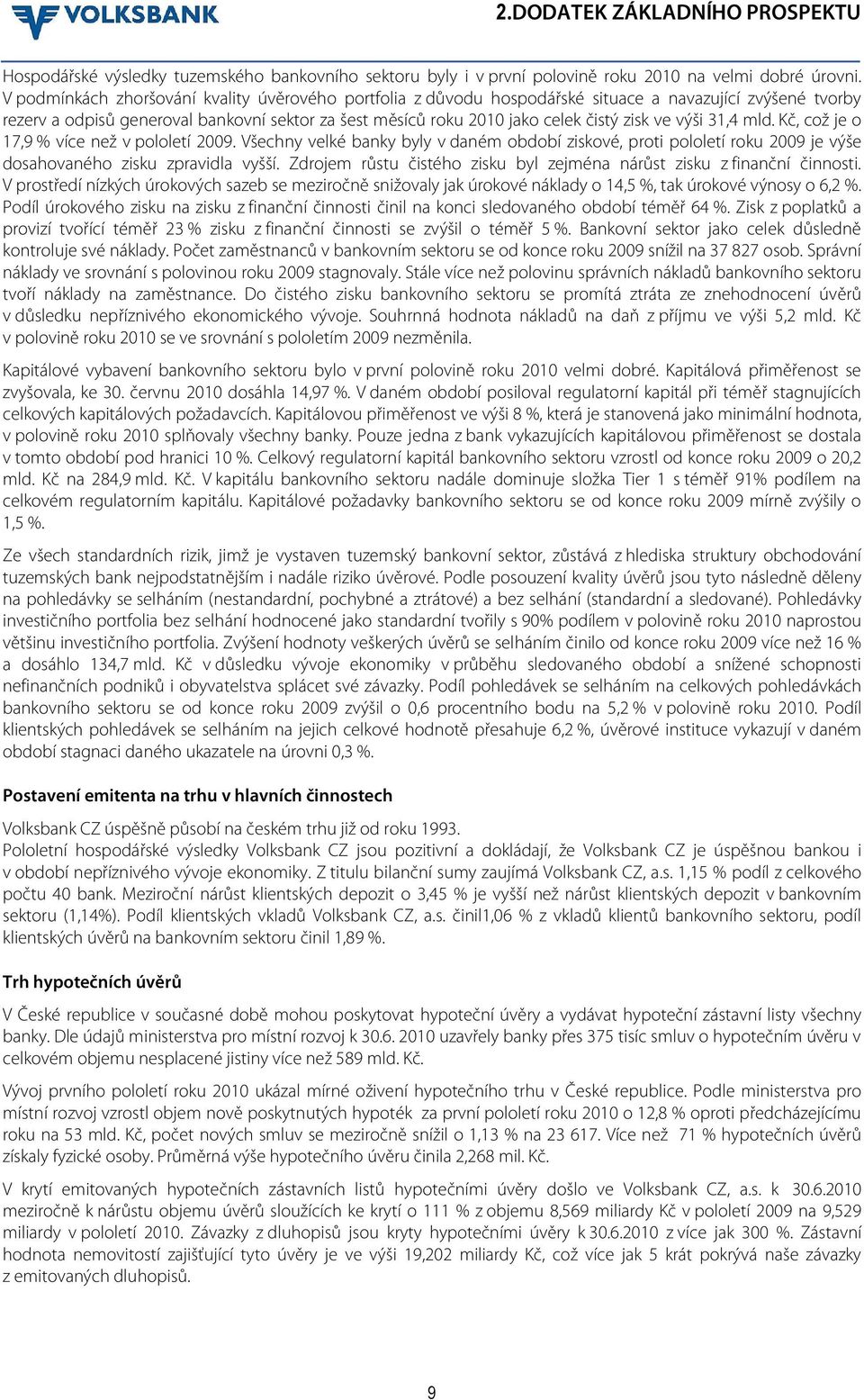 ve výši 31,4 mld. Kč, což je o 17,9 % více než v pololetí 2009. Všechny velké banky byly v daném období ziskové, proti pololetí roku 2009 je výše dosahovaného zisku zpravidla vyšší.