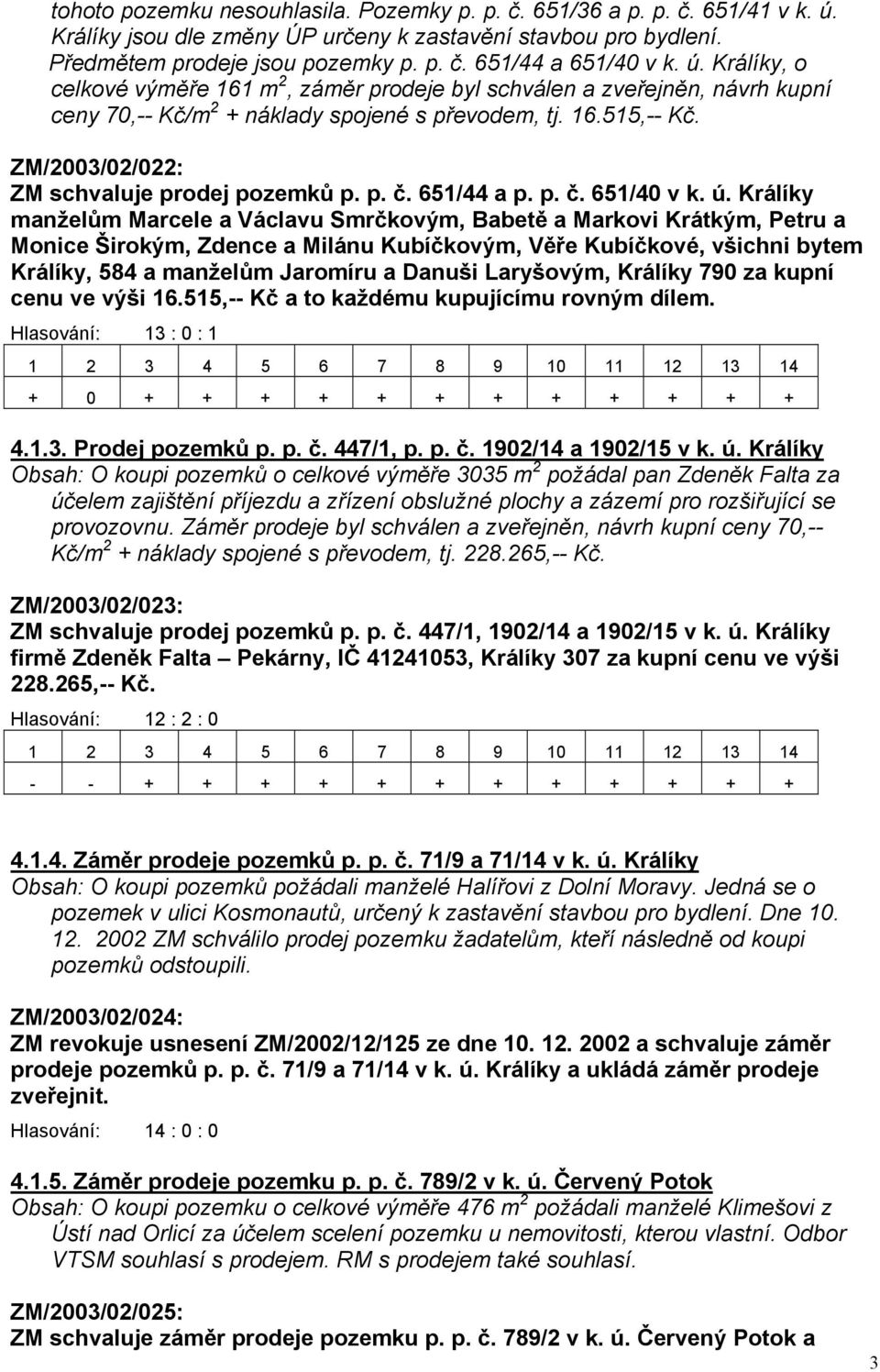 ZM/2003/02/022: ZM schvaluje prodej pozemků p. p. č. 651/44 a p. p. č. 651/40 v k. ú.