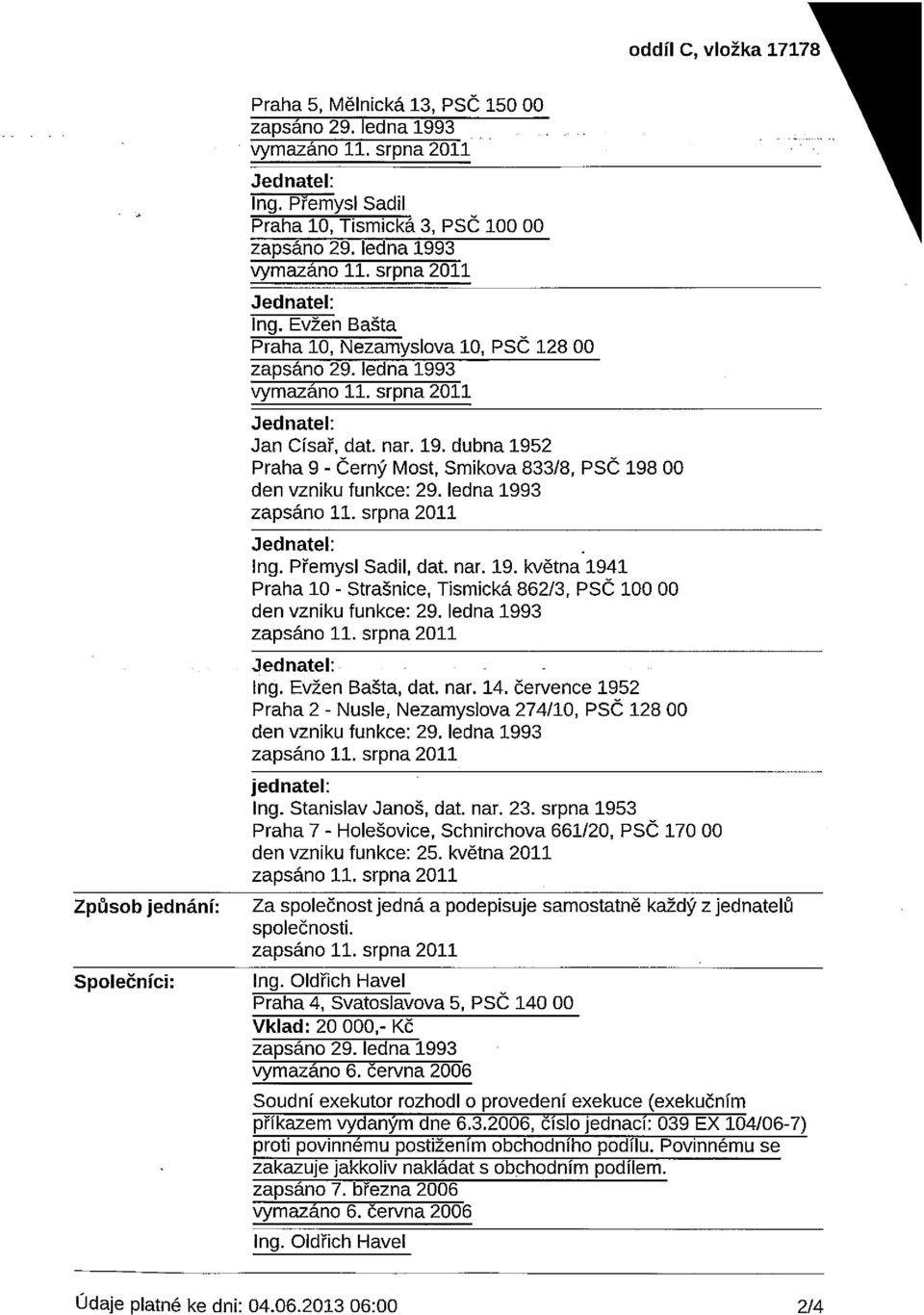 ledna 1993 Způsob jednání: Společníci:. - Ing. Evžen Bašta, dat. nar. 14. července 1952 Praha 2 - Nusle, Nezamyslova 274/10, PSČ 128 00 den vzniku funkce: 29. ledna 1993 jednatel: Ing.