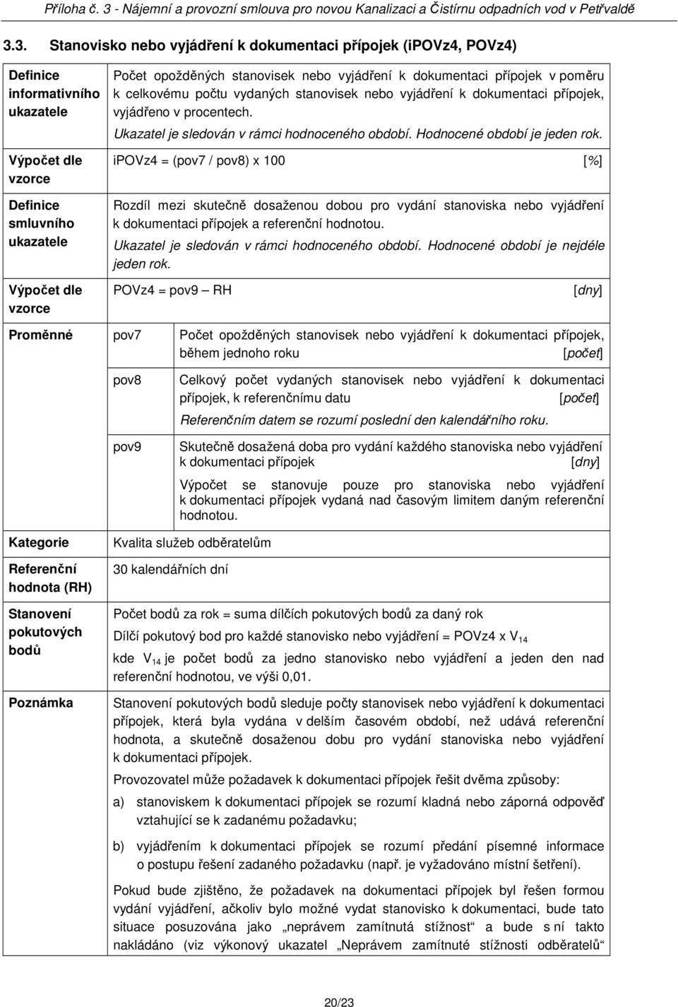 ipovz4 = (pov7 / pov8) x 100 [%] Rozdíl mezi skutečně dosaženou dobou pro vydání stanoviska nebo vyjádření k dokumentaci přípojek a referenční hodnotou.