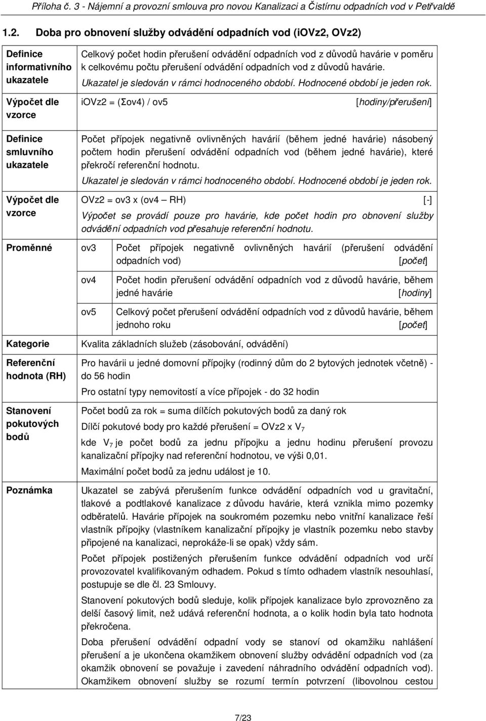 iovz2 = (Σov4) / ov5 [hodiny/přerušení] smluvního Počet přípojek negativně ovlivněných havárií (během jedné havárie) násobený počtem hodin přerušení odvádění odpadních vod (během jedné havárie),