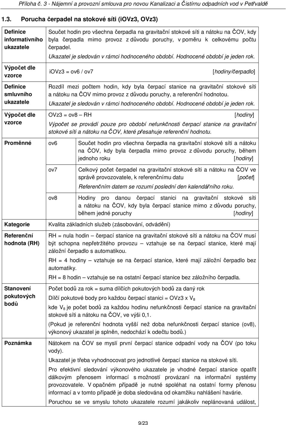 iovz3 = ov6 / ov7 [hodiny/čerpadlo] smluvního Rozdíl mezi počtem hodin, kdy byla čerpací stanice na gravitační stokové síti a nátoku na ČOV mimo provoz z důvodu poruchy, a referenční hodnotou.