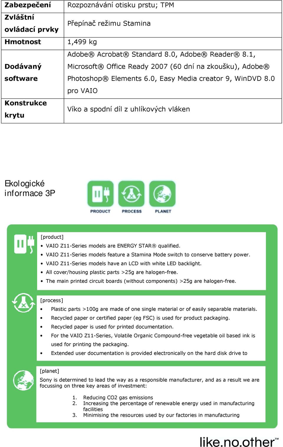 0 pro VAIO Víko a spodní díl z uhlíkových vláken Ekologické informace 3P [product] VAIO Z11-Series models are ENERGY STAR qualified.