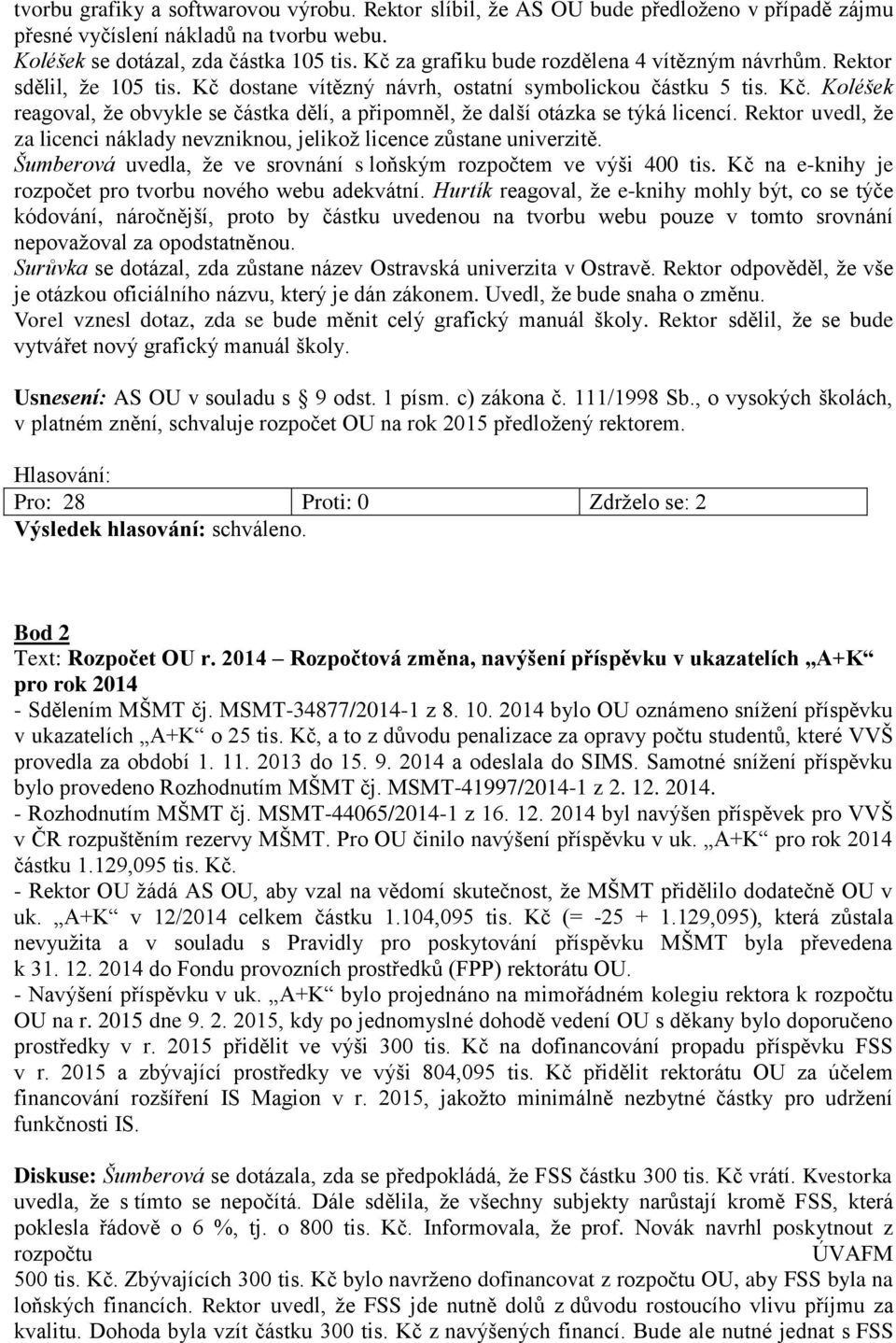 Rektor uvedl, že za licenci náklady nevzniknou, jelikož licence zůstane univerzitě. Šumberová uvedla, že ve srovnání s loňským rozpočtem ve výši 400 tis.