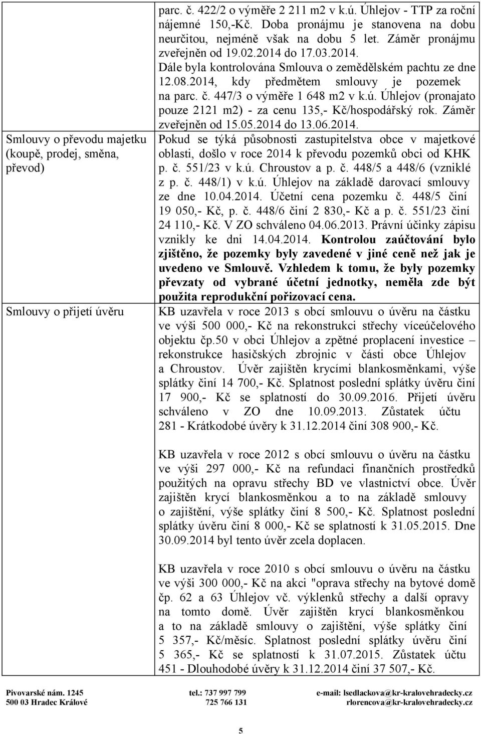 Úhlejov (pronajato pouze 2121 m2) - za cenu 135,- Kč/hospodářský rok. Záměr zveřejněn od 15.05.2014 