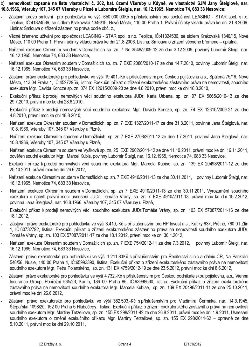 Právní účinky vkladu práva ke dni 21.8.2006. Listina: Smlouva o zřízení zástavního práva podle obč. z., - Věcné břemeno užívání pro společnost LEASING - STAR spol. s r.o. Teplice, IČ:41324536, se sídlem Krakovská 1346/15, Nové Město, 110 00 Praha 1.