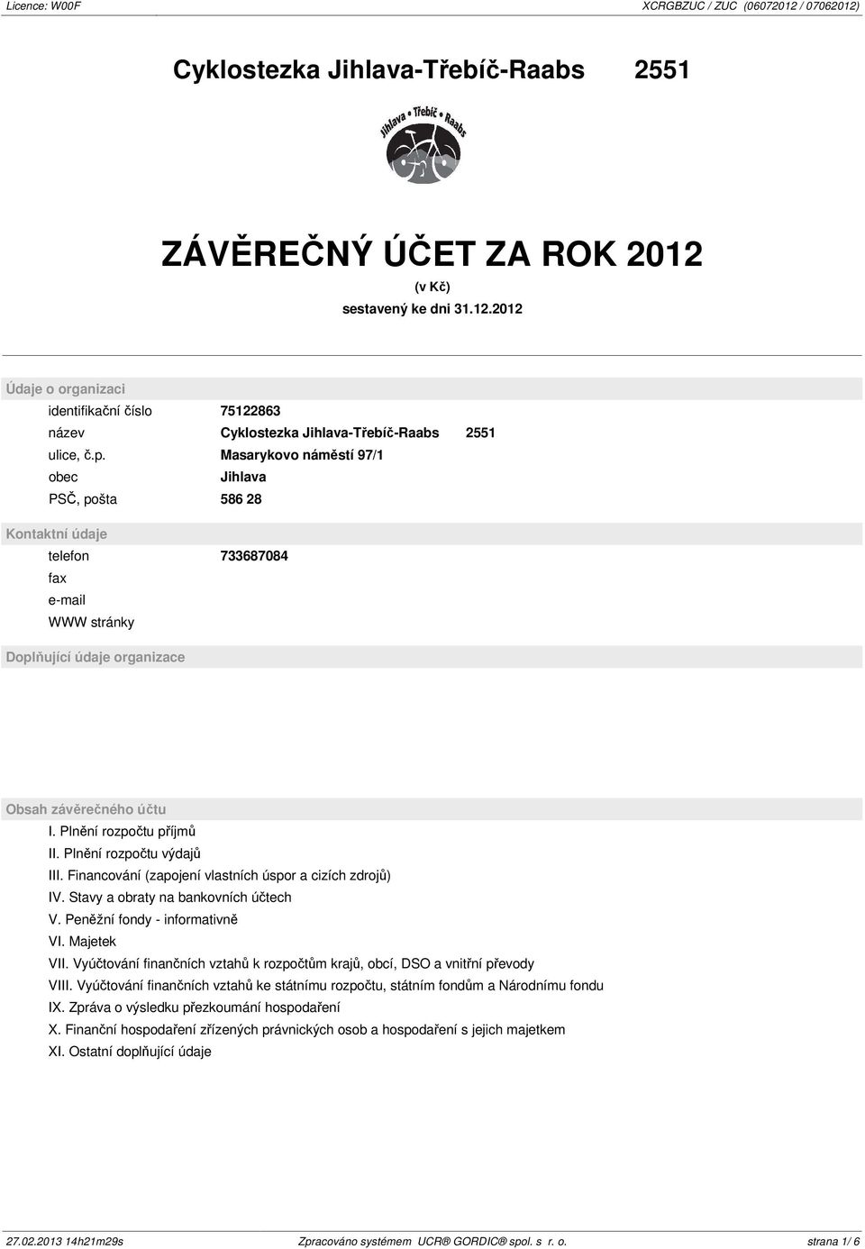 Plnění rozpočtu výdajů III. Financování (zapojení vlastních úspor a cizích zdrojů) IV. Stavy a obraty na bankovních účtech V. Peněžní fondy - informativně VI. Majetek VII.