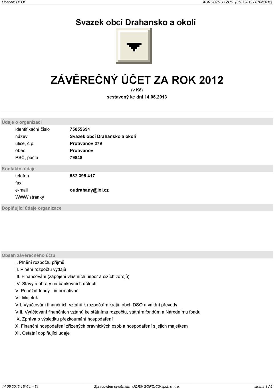 Plnění rozpočtu příjmů II. Plnění rozpočtu výdajů III. Financování (zapojení vlastních úspor a cizích zdrojů) IV. Stavy a obraty na bankovních účtech V. Peněžní fondy - informativně VI. Majetek VII.