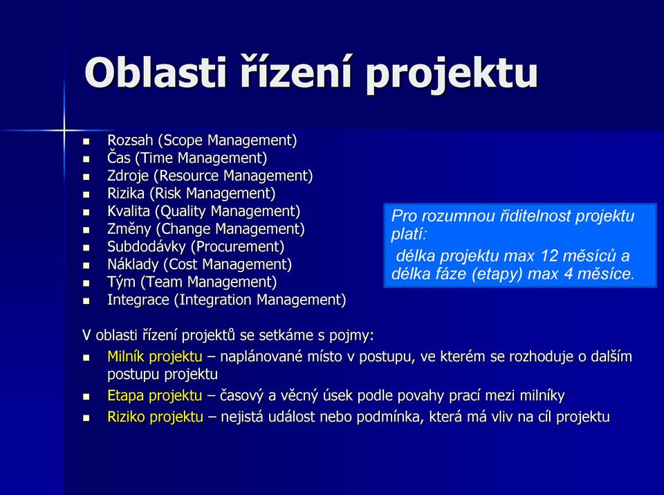 projektu max 12 měsíců a délka fáze (etapy) max 4 měsíce.