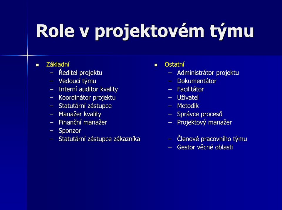 Statutární zástupce zákazníka Ostatní Administrátor projektu Dokumentátor Facilitátor