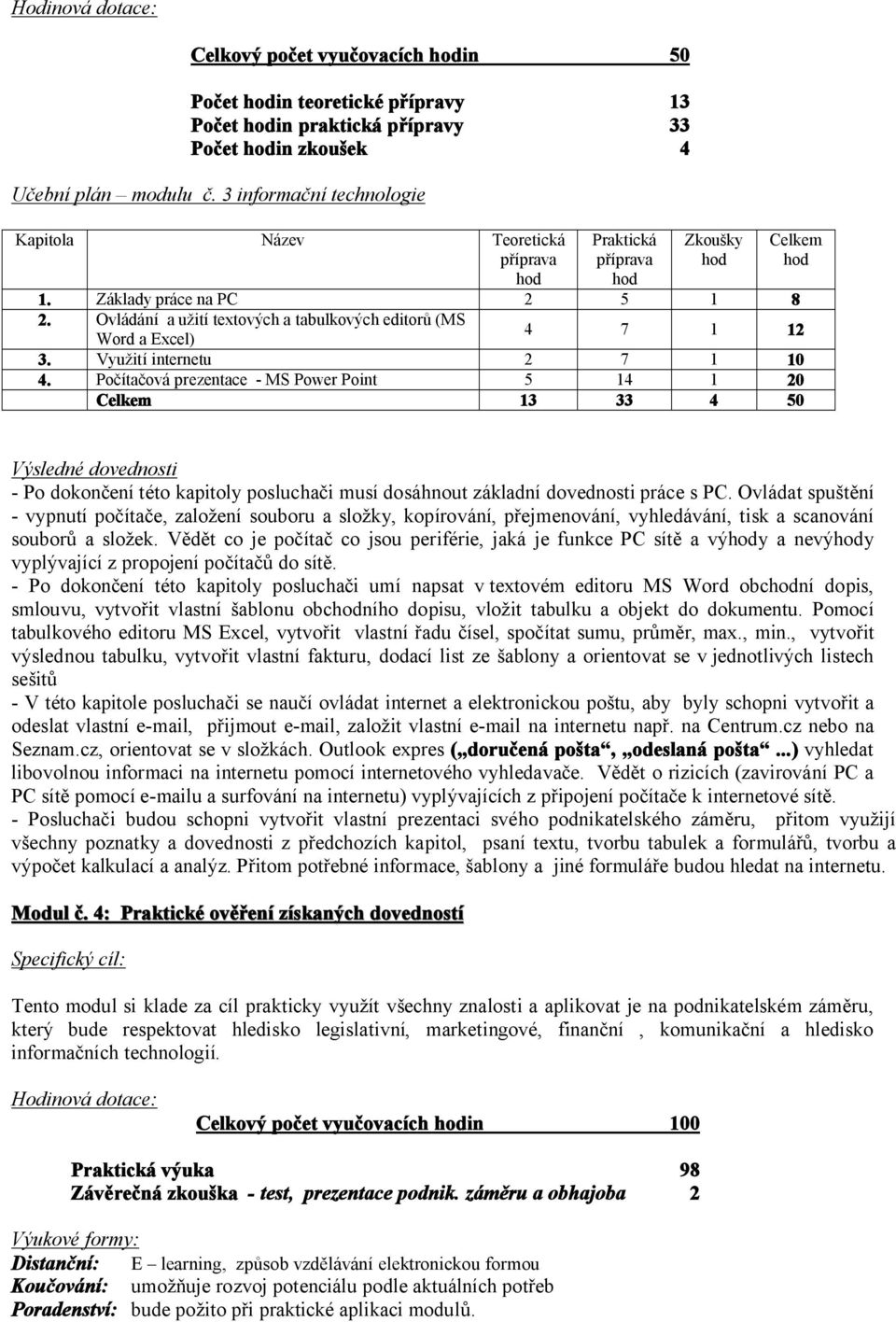 Využití internetu 2 7 1 10 4. Počítačová prezentace - MS Power Point 5 14 1 20 Celkem 13 33 4 50 - Po dokončení této kapitoly posluchači musí dosáhnout základní dovednosti práce s PC.