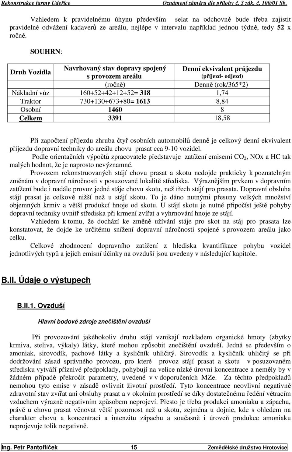 730+130+673+80= 1613 8,84 Osobní 1460 8 Celkem 3391 18,58 Při započtení příjezdu zhruba čtyř osobních automobilů denně je celkový denní ekvivalent příjezdu dopravní techniky do areálu chovu prasat