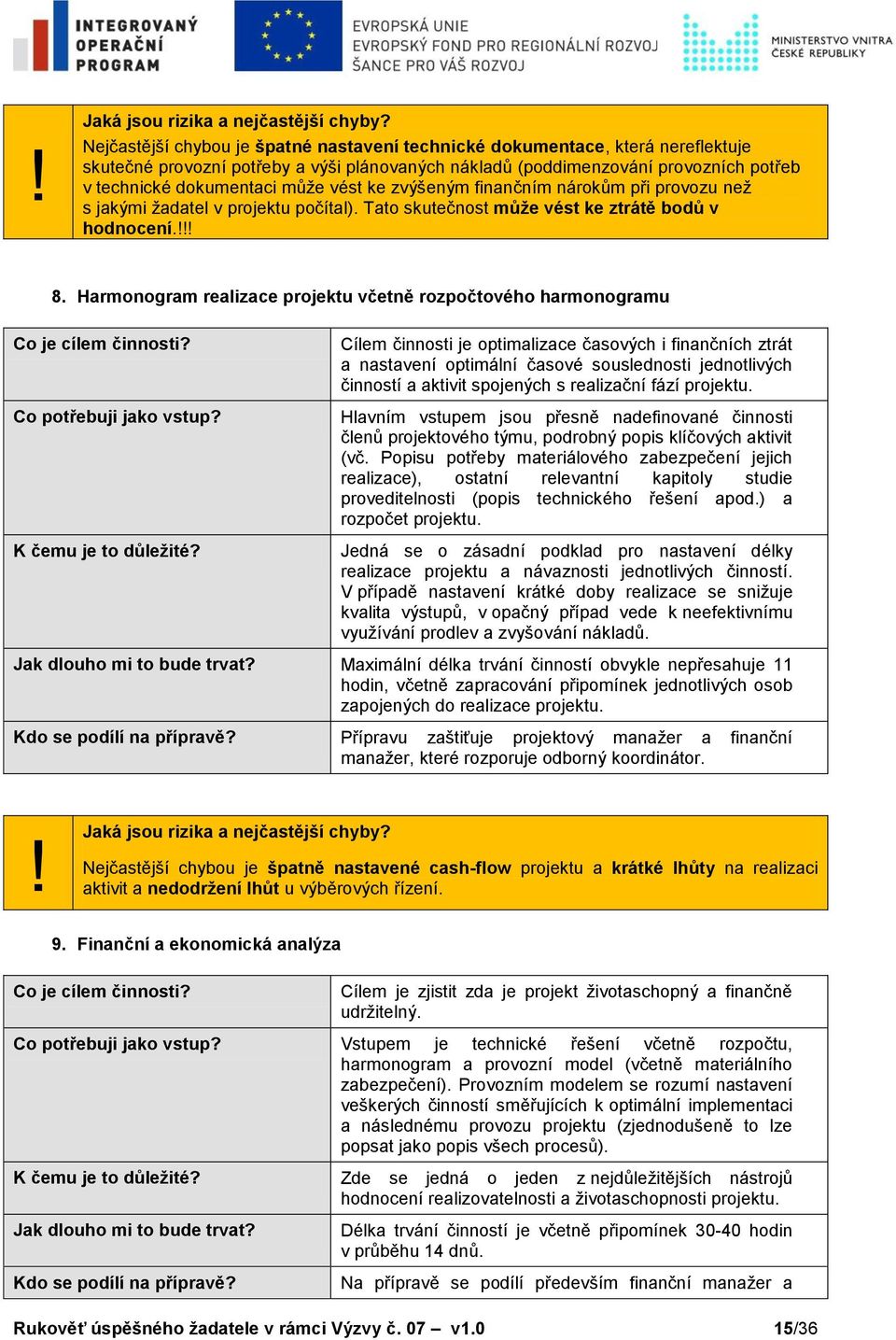 vést ke zvýšeným finančním nárokům při provozu neţ s jakými ţadatel v projektu počítal). Tato skutečnost můţe vést ke ztrátě bodů v hodnocení. 8.