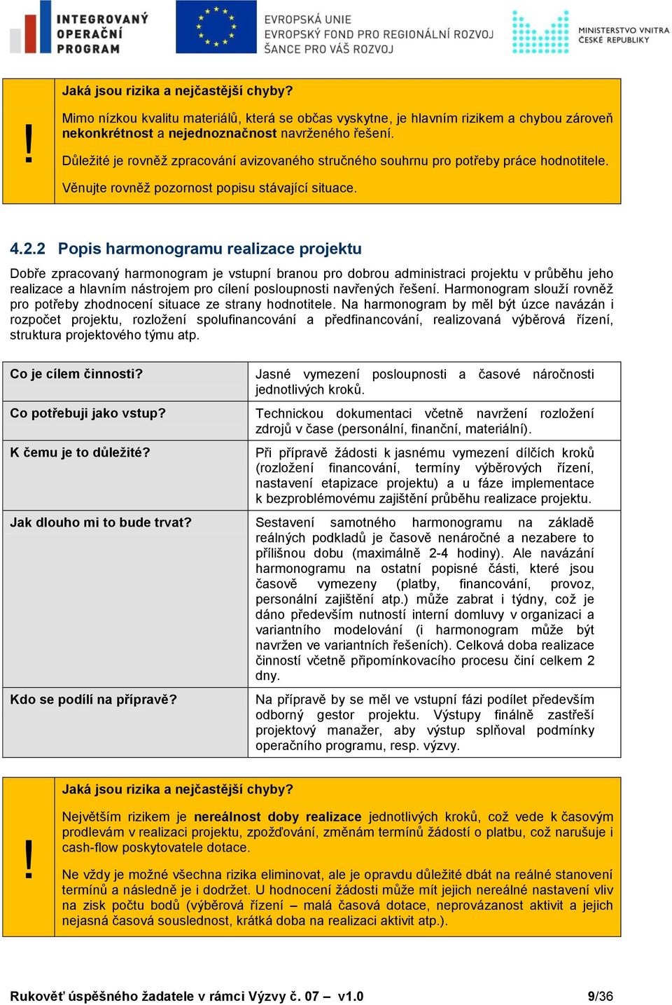 2 Popis harmonogramu realizace projektu Dobře zpracovaný harmonogram je vstupní branou pro dobrou administraci projektu v průběhu jeho realizace a hlavním nástrojem pro cílení posloupnosti navřených