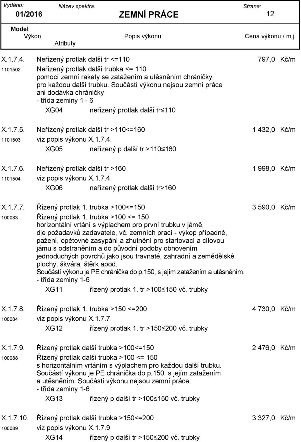 1.7.6. Neřízený protlak další tr >160 1 998,0 Kč/m 1101504 viz popis výkonu X.1.7.4. XG06 neřízený protlak další tr>160 X.1.7.7. Řízený protlak 1.