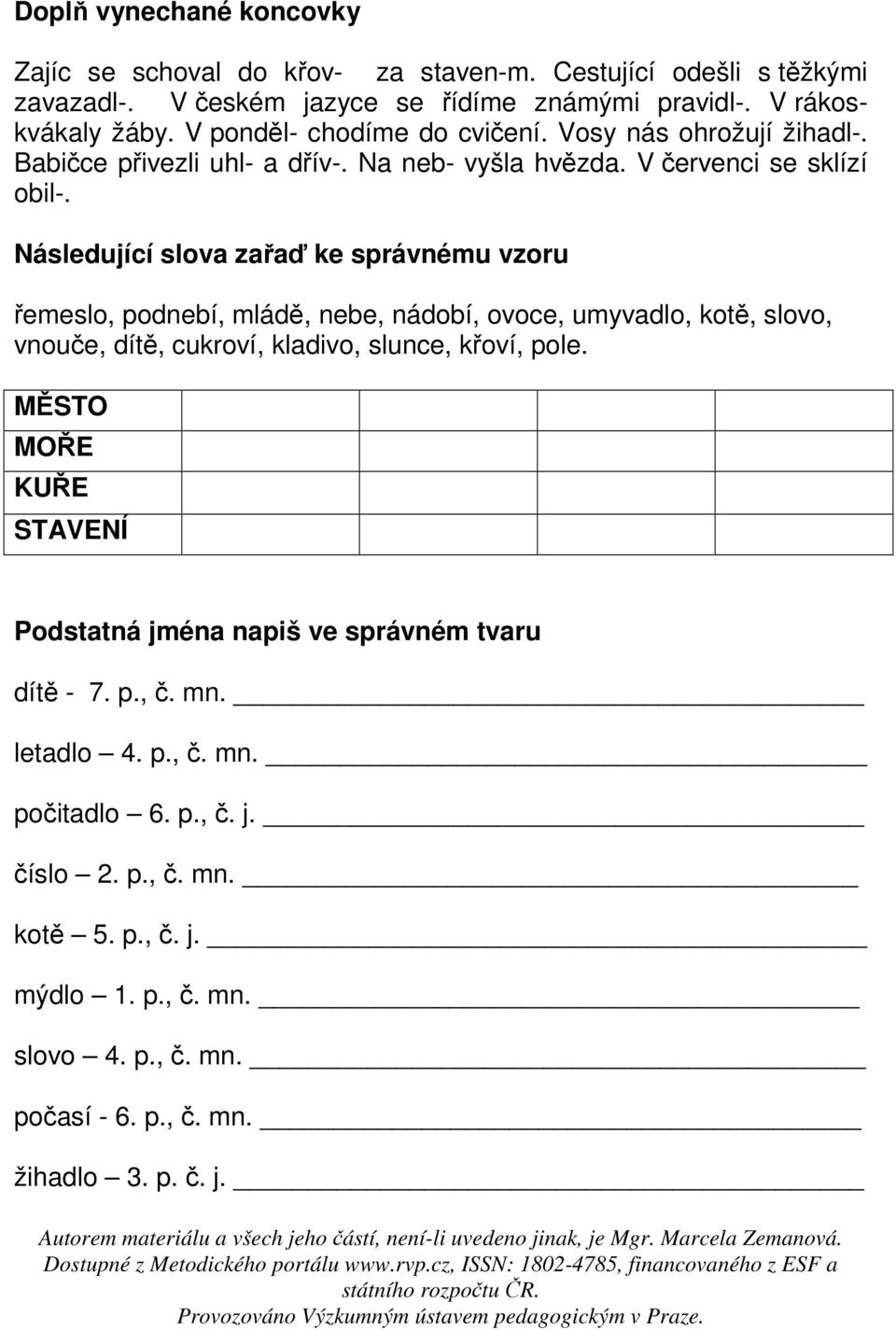 Následující slova zařaď ke správnému vzoru řemeslo, podnebí, mládě, nebe, nádobí, ovoce, umyvadlo, kotě, slovo, vnouče, dítě, cukroví, kladivo, slunce, křoví, pole.