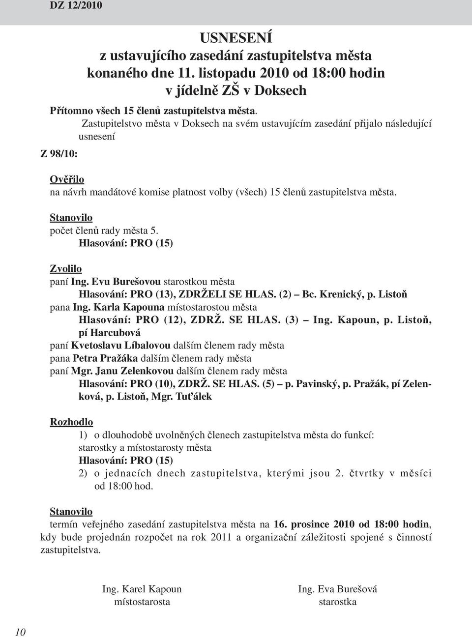 Stanovilo počet členů rady města 5. Hlasování: PRO (15) Zvolilo paní Ing. Evu Burešovou starostkou města Hlasování: PRO (13), ZDRŽELI SE HLAS. (2) Bc. Krenický, p. Listoň pana Ing.