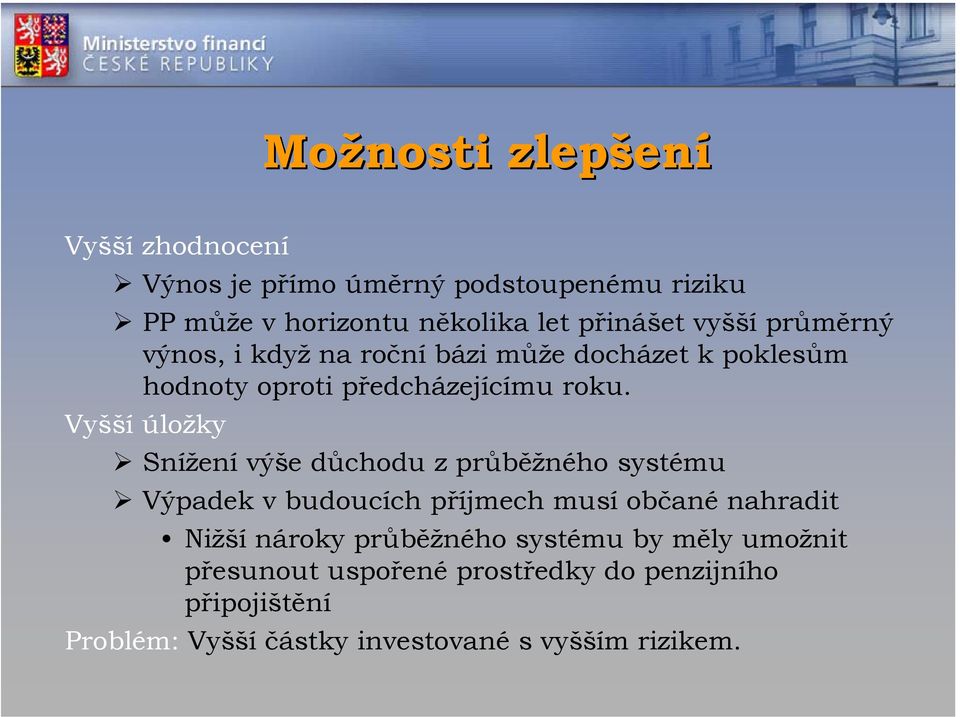 Vyšší úložky Snížení výše důchodu z průběžného systému Výpadek v budoucích příjmech musí občané nahradit Nižší nároky