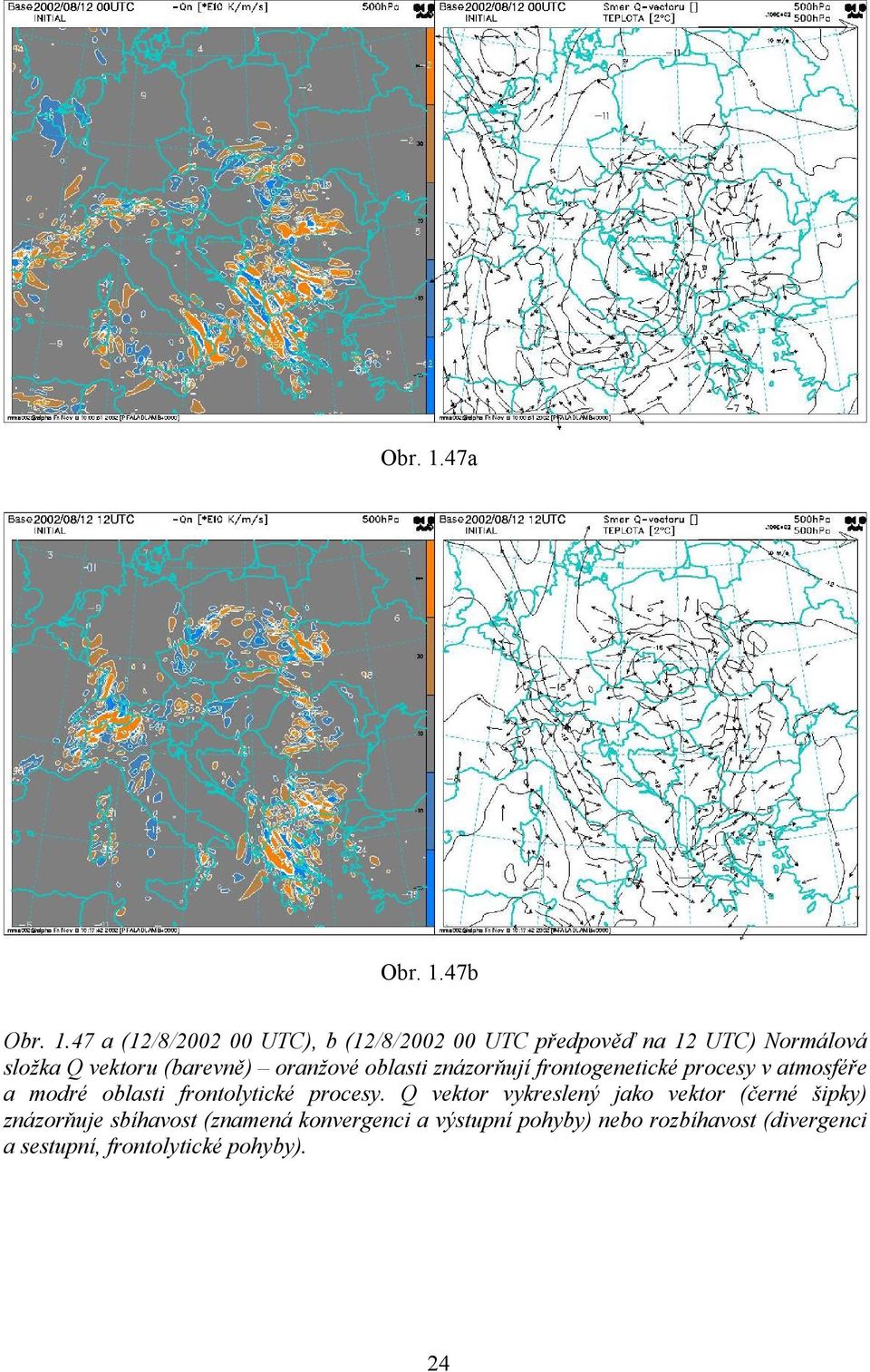 (barevně) oranžové oblasti znázorňují frontogenetické procesy v atmosféře a modré oblasti