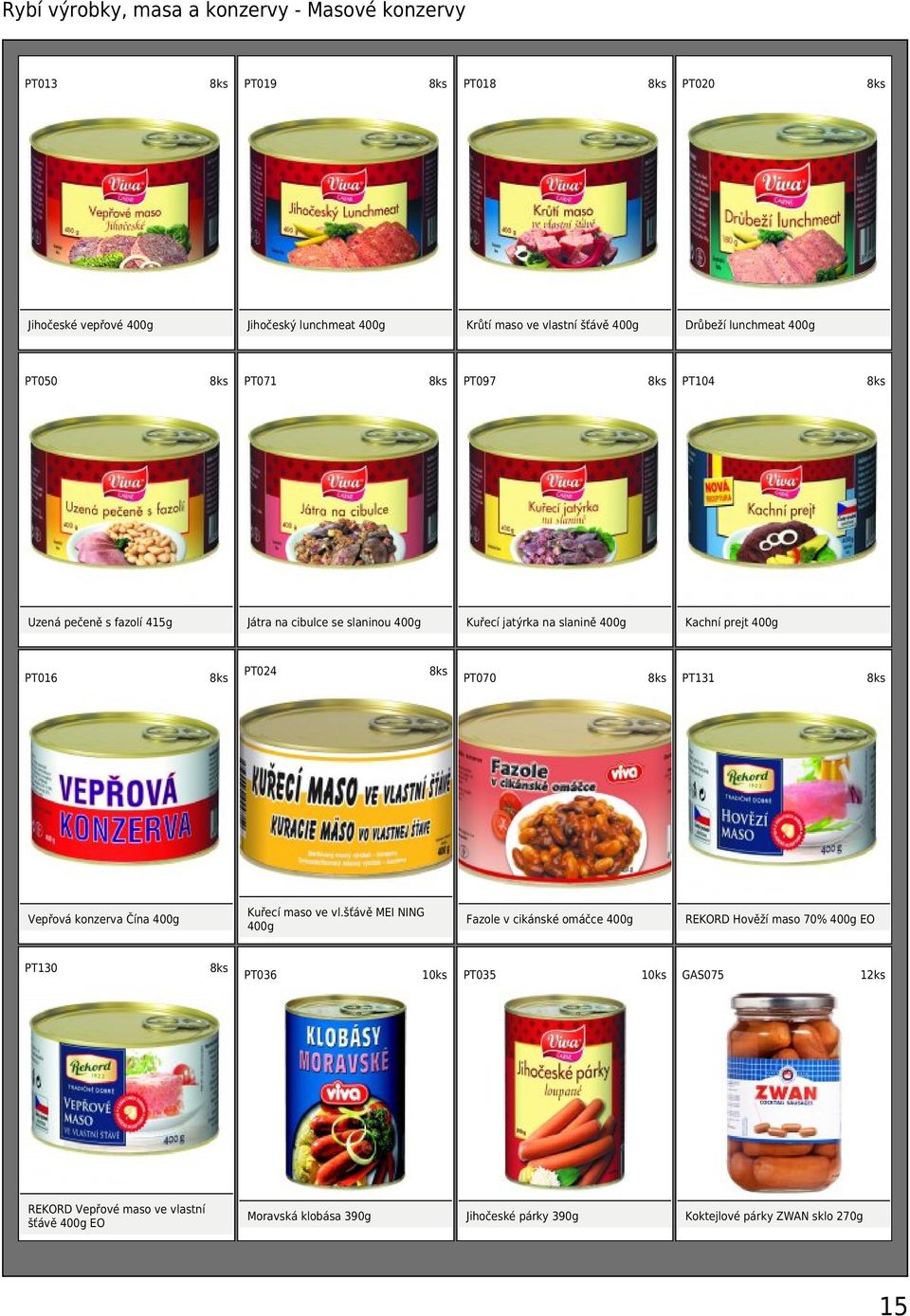 šťávě MEI NING 400g Fazole v cikánské omáčce 400g PT036 PT035 Jihočeské párky 390g PT020 Drůbeží lunchmeat 400g Kuřecí jatýrka na slanině 400g PT024