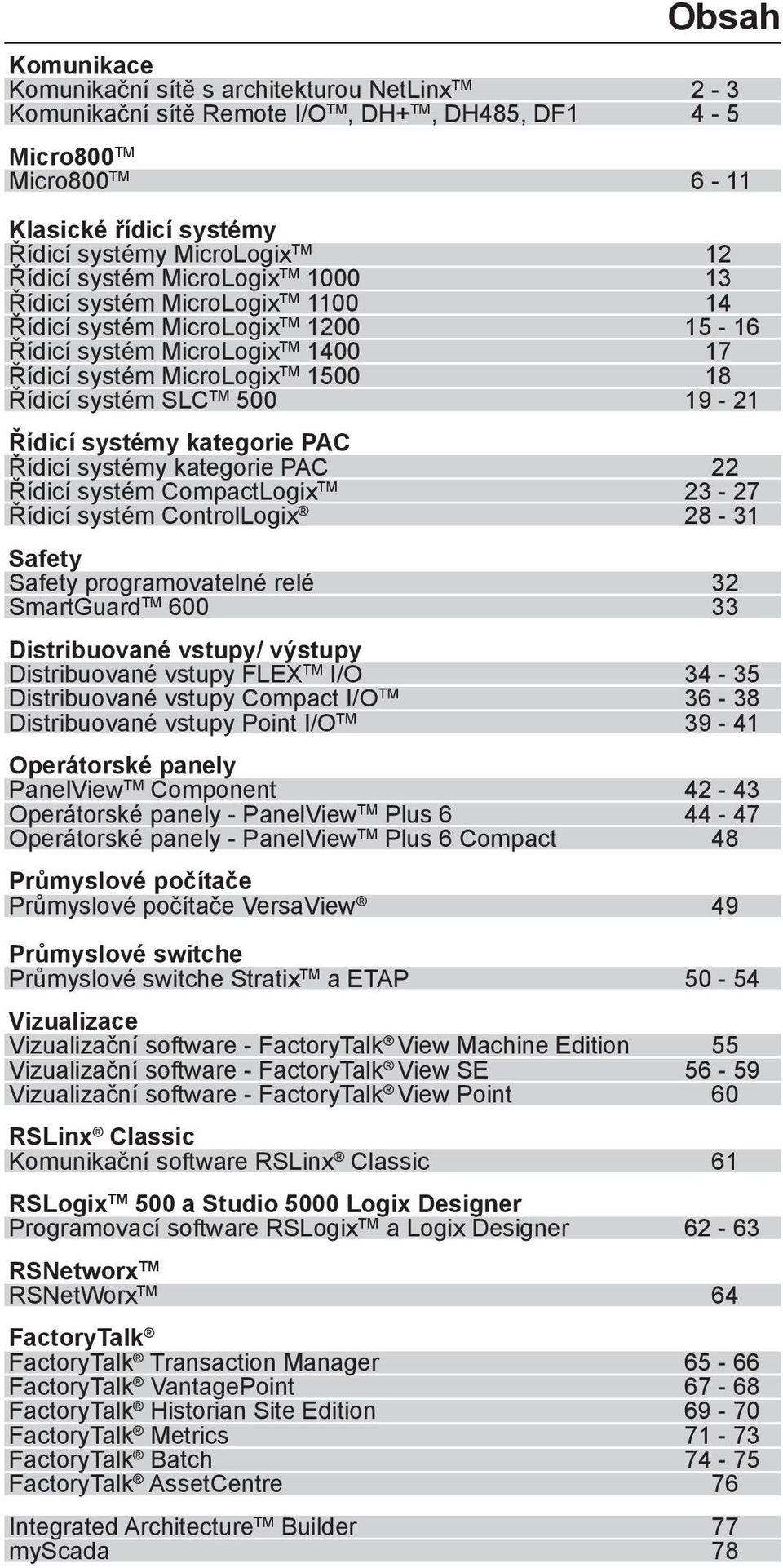 systém SLC TM 500 19-21 Řídicí systémy kategorie PAC Řídicí systémy kategorie PAC 22 Řídicí systém CompactLogix TM 23-27 Řídicí systém ControlLogix 28-31 Safety Safety programovatelné relé 32