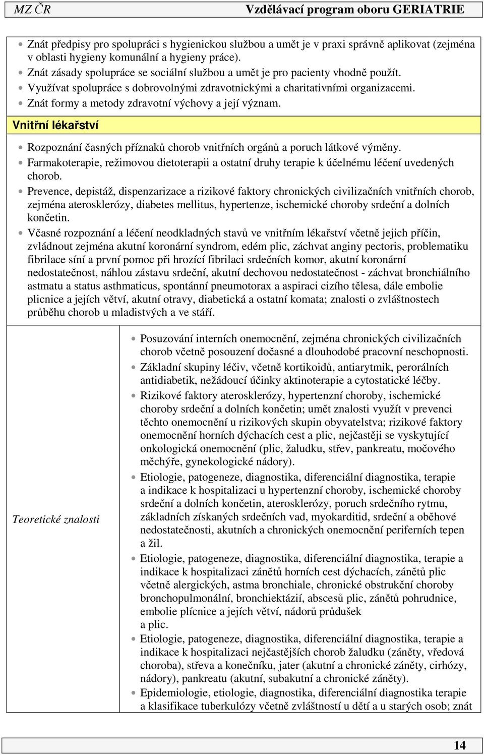 Znát formy a metody zdravotní výchovy a její význam. Vnitřní lékařství Rozpoznání časných příznaků chorob vnitřních orgánů a poruch látkové výměny.