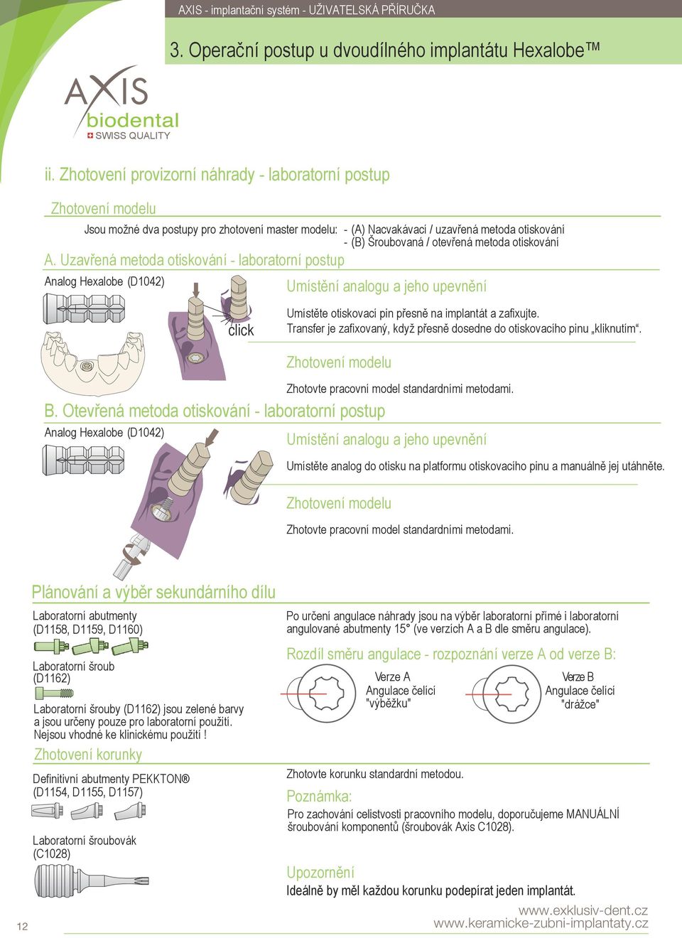 Uzavřená metoda otiskování - laboratorní postup Analog Hexalobe (D1042) - (A) Nacvakávací / uzavřená metoda otiskování - (B) Šroubovaná / otevřená metoda otiskování Umístění analogu a jeho upevnění
