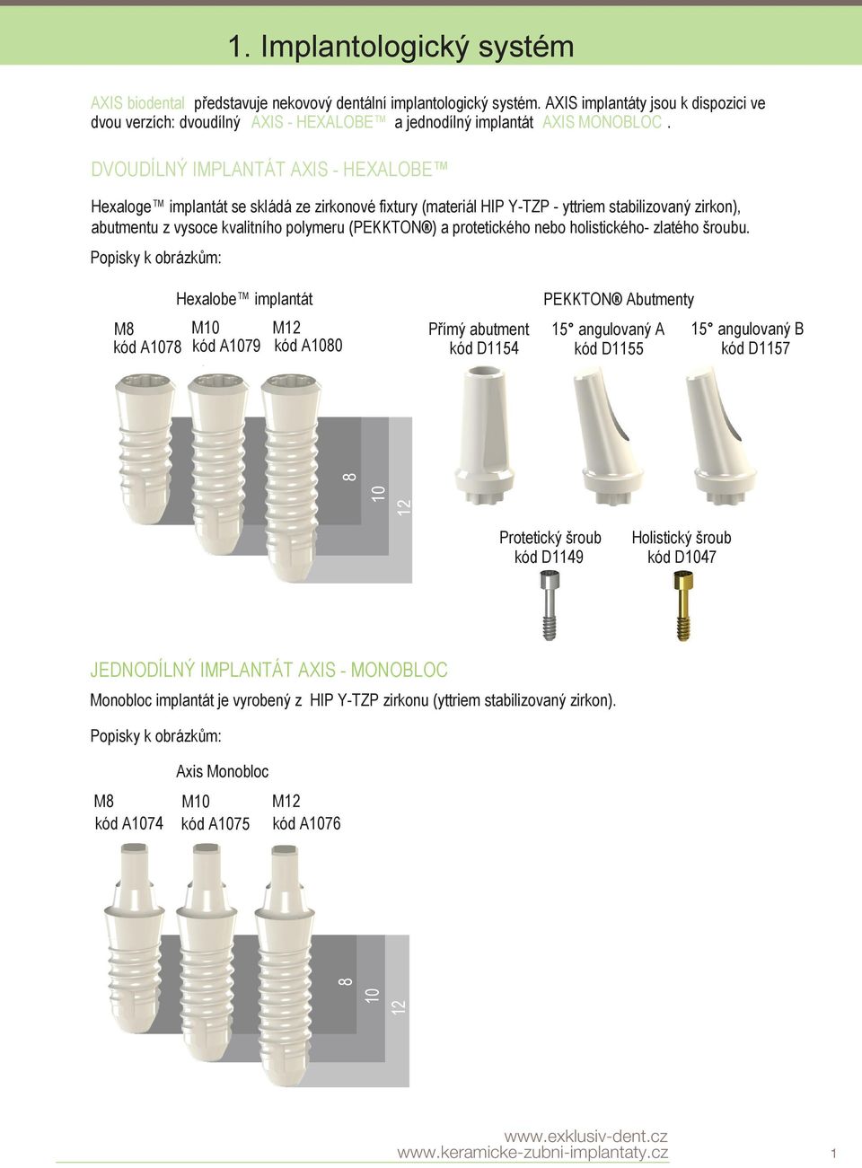 DVOUDÍLNÝ IMPLANTÁT AXIS - HEXALOBE Hexaloge implantát se skládá ze zirkonové fixtury (materiál HIP Y-TZP - yttriem stabilizovaný zirkon), abutmentu z vysoce kvalitního polymeru (PEKKTON ) a