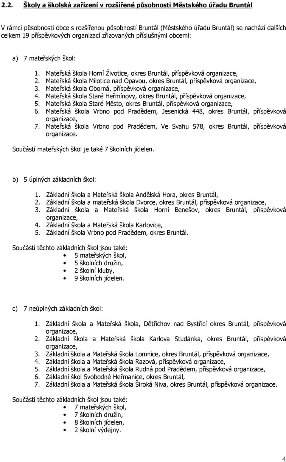 Oborná, příspěvková organizace, 4. Staré Heřmínovy, okres Bruntál, příspěvková organizace, 5. Staré Město, okres Bruntál, příspěvková organizace, 6.