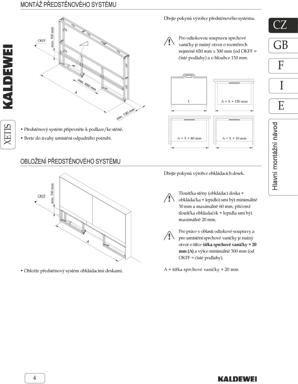 A = X + 80 mm A = X + 10 mm OBLOŽNÍ PŘDSTĚNOVÉHO SYSTÉMU Dbejte pokynů výrobce obkládacích desek.