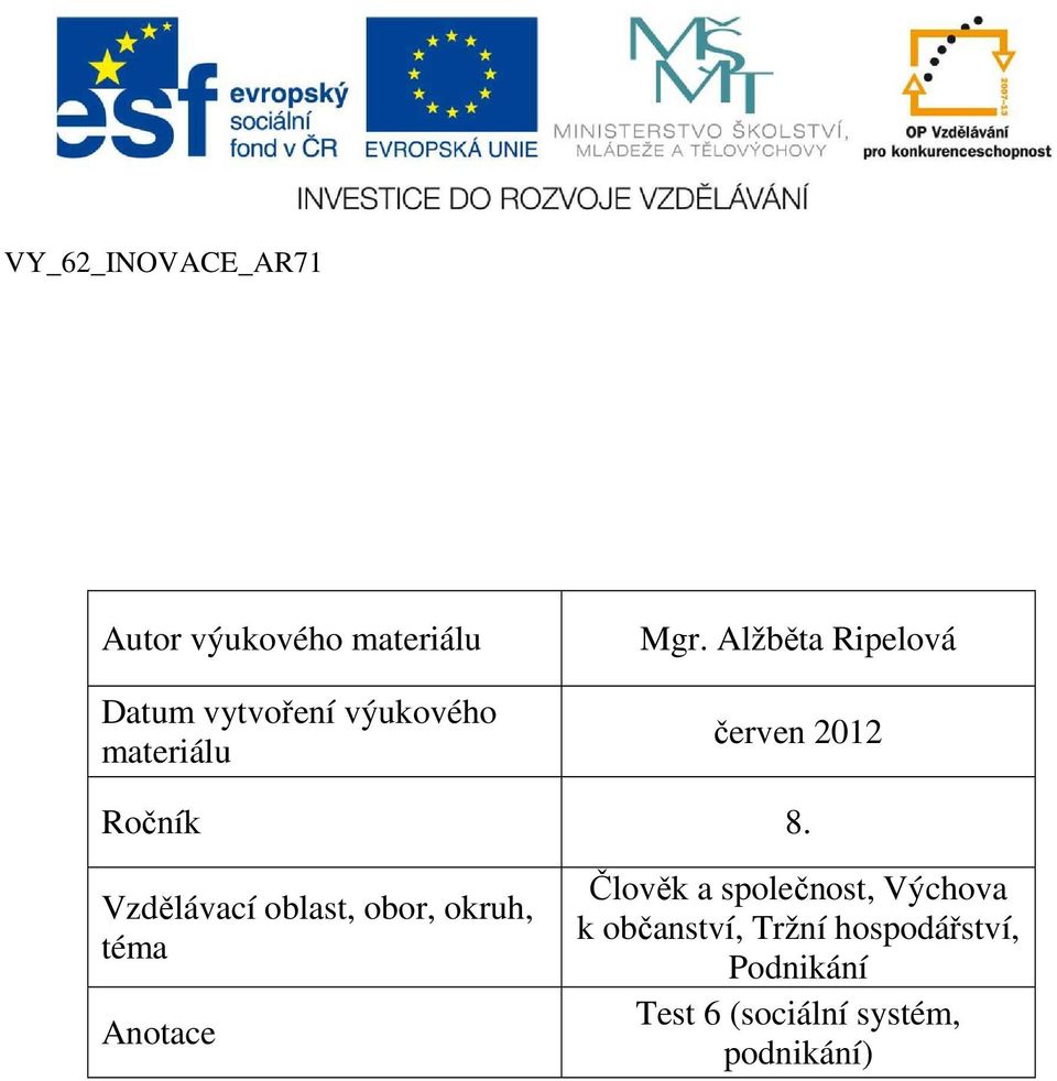 Vzdělávací oblast, obor, okruh, téma Anotace Člověk a společnost,