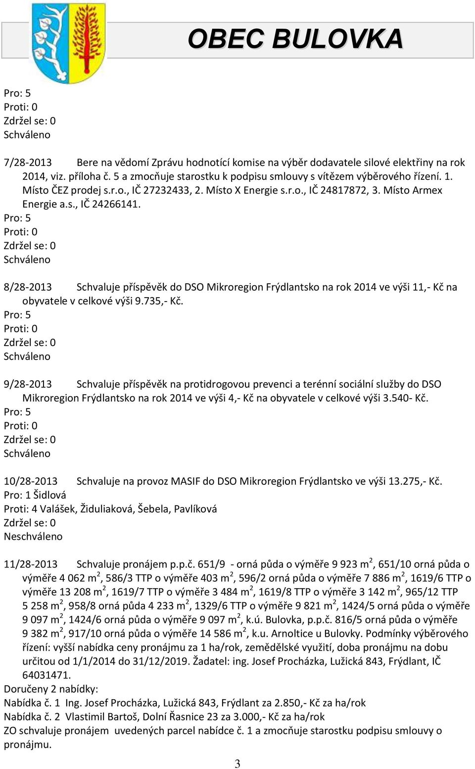 8/28-2013 Schvaluje příspěvěk do DSO Mikroregion Frýdlantsko na rok 2014 ve výši 11,- Kč na obyvatele v celkové výši 9.735,- Kč.