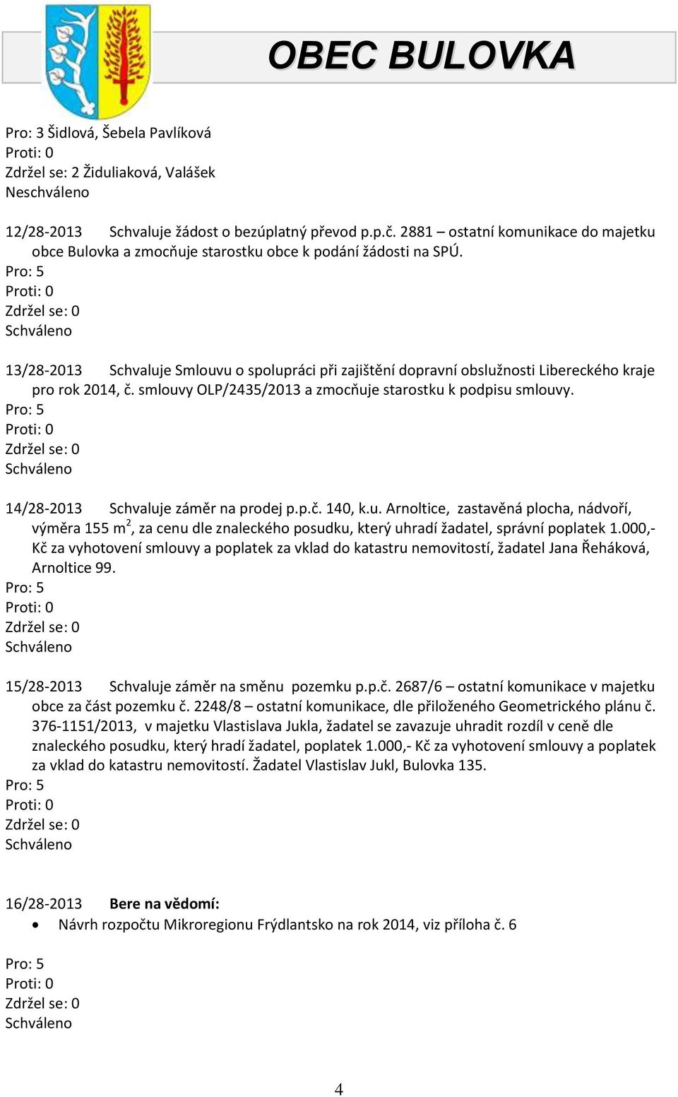 13/28-2013 Schvaluje Smlouvu o spolupráci při zajištění dopravní obslužnosti Libereckého kraje pro rok 2014, č. smlouvy OLP/2435/2013 a zmocňuje starostku k podpisu smlouvy.