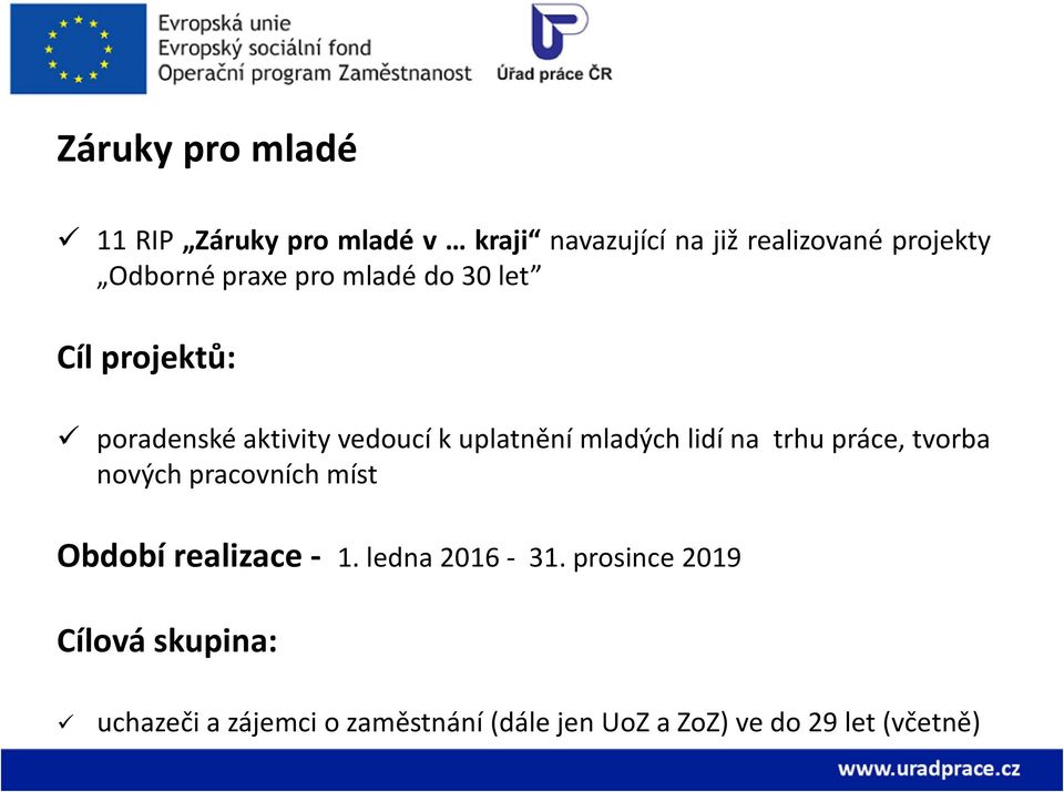 mladých lidí na trhu práce, tvorba nových pracovních míst Období realizace - 1. ledna 2016-31.